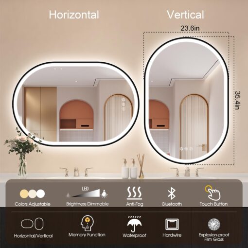 STARLEAD 24"x36" LED-Bathroom-Mirror-with-Lights, Wall-Mounted with Bluetooth, Anti-Fog, 3 Color Temperature Dimmable Brightness, Waterproof, Tempered Glass, Frontlit & Backlit, Black Frameless Oval - Image 8