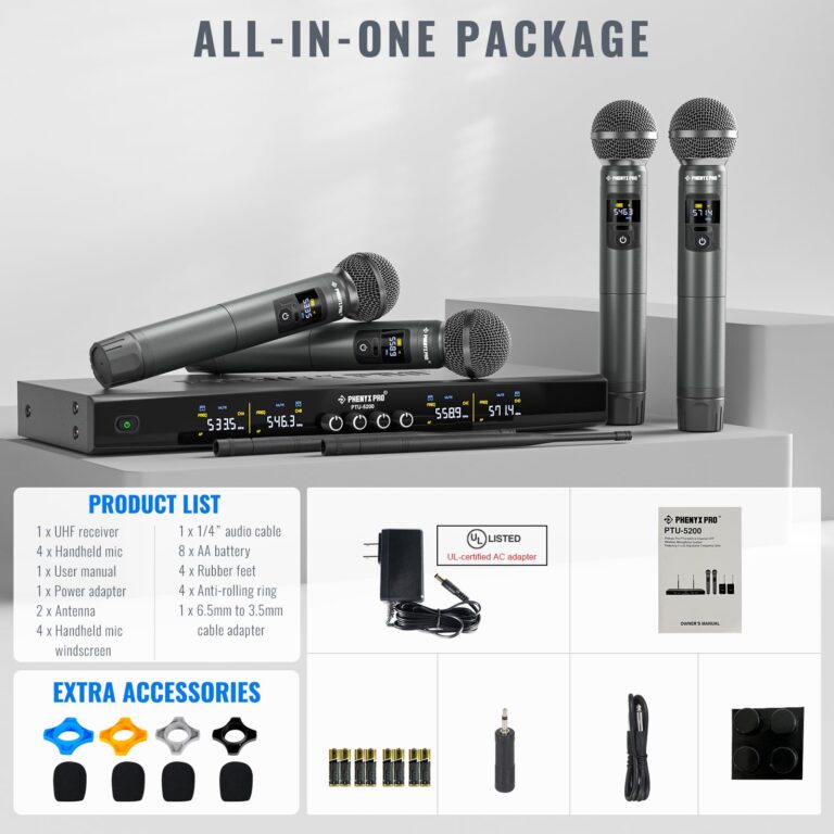Phenyx Pro Wireless Microphone System, Metal Wireless Mic Set with 4 Cordless Mics, 4x25 UHF Adjustable Frequencies, 200ft Range, Dynamic Microphones for Singing, Karaoke, Church, DJ (PTU-5200-4H) - Image 2