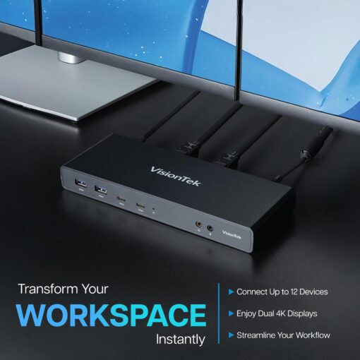 VisionTek VT4500 12in1 Docking Station Dual Monitor 4K – x2 HDMI, x2 DisplayPort, 60W USB-C PD, x4 USB-A 3.0, x2 5Gbps USB-C, 3.5mm Audio Jack, & Ethernet – Compatible with Laptop, PC, and MacBook - Image 2