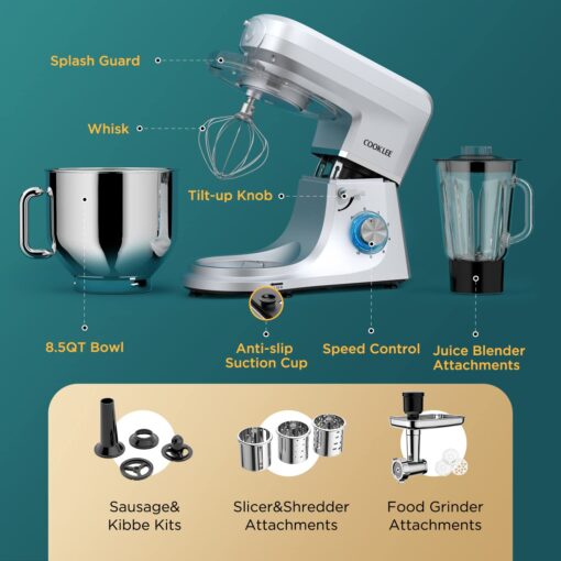 COOKLEE 6-IN-1 Stand Mixer, 8.5 Qt. Multifunctional Electric Kitchen Mixer with Beater, Whisk, Dough Hook, Meat Grinder and Other Accessories for Most Home Cooks, SM-1507BM, Silvery - Image 5