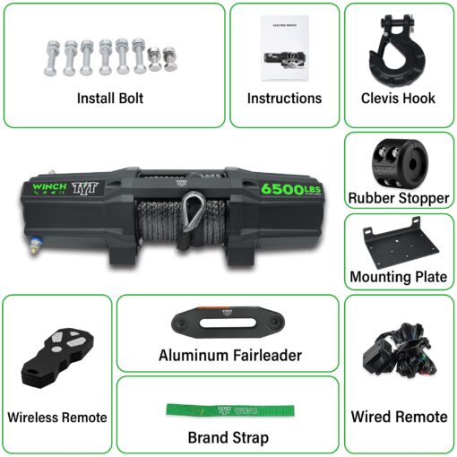 TYT 6500 lb UTV Winch Kit,12 Volt DC Electric Trailer Winch with Wireless Remote and Wired Switch,1/4" x 50FT Synthetic Rope Winch with Rubber Stopper and Mounting Plate - Image 4