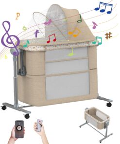 Electric Rocking Bassinet for Baby, 6 and 1 Baby Bedside Bassinets with Remote Control, Portable Bassinets Bedside Sleeper for Newborn with 3-Speed Swings, Baby Crib in Bed with Wheels(Khaki)