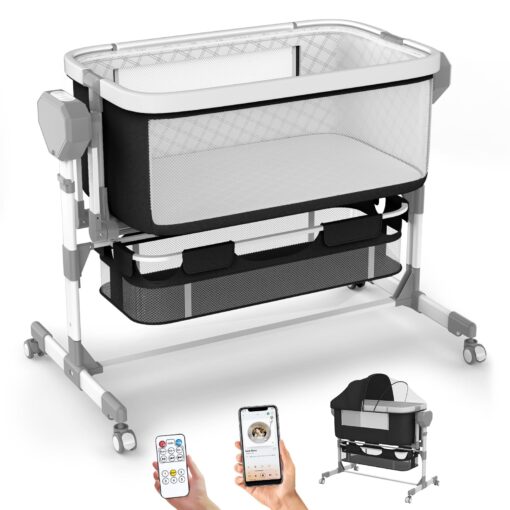 ErmeiRabbit Rocking Bassinet for Baby, Electric Baby Bassinet Automatic 5 Rocking Motion Bassinet Bedside Sleeper for Newborn, Auto Rolling Baby Cradle 6 Height Adjustable with 4 Lullabies