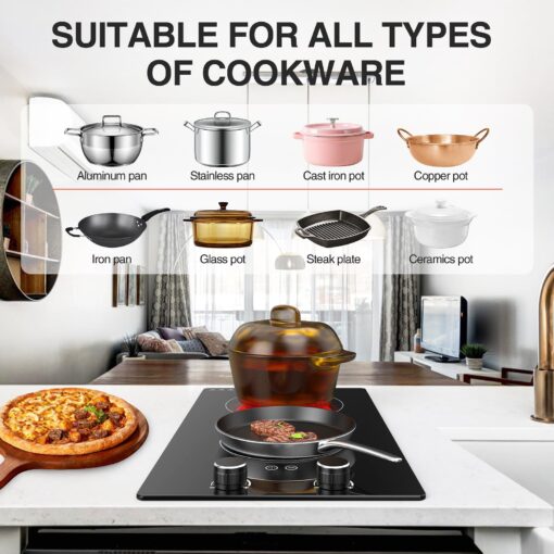 110v Electric Cooktop 2 Burners, 12'' Electric Stove Top with Plug in, GTKZW Knob Control Countertop & Built-in Ceramic Cooktop, 9 Power Levels, Child Lock, Timer, Over-Heat Protection - Image 6