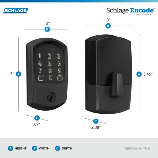 SCHLAGE BE489WB GRW 622 Encode WiFi Deadbolt Smart Lock, Keyless Entry Touchscreen Door Lock with Greenwich Trim, Matte Black - Image 10
