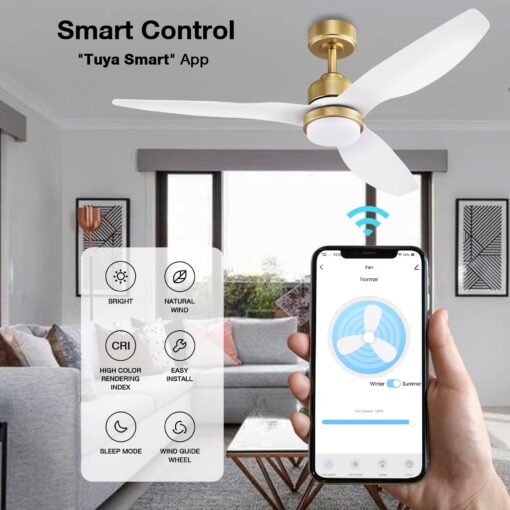 52 Inch Smart Ceiling Fans with Lights and Remote,Dimmable LED Light,Outdoor Indoor Gold White Ceiling Fan,Quiet DC Motor,High CFM 6 Speed,WIFI Alexa App Workable,for Bedroom Living Room Patio - Image 3