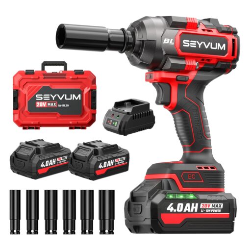 SEYVUM Cordless Impact Wrench, 1/2” Max Torque 900 Ft-lbs / 1200 N.m Powerful Impact Gun, 20V 3500RPM Electric Impact Driver, 2 x 4.0Ah Battery & Fast Charger, 6 Impact Sockets, Carrying Case Included