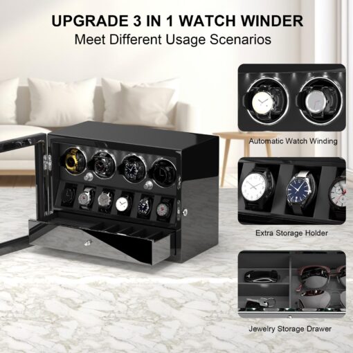 DUKWIN Watch Winder for 4 Automatic Watches, Watch Winders with Watch and Jewelry Storages, Super Quiet Mabuchi Motor with High-Gloss Piano Lacquer Finish,Built-in Illumination - Image 7