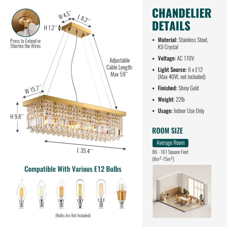 Siljoy 6-Light Modern Crystal Chandelier Rectangular Gold K9 Crystal Raindrop Chandelier for Dining Room, Luxury Adjustable Ceiling Pendant Light for Living Room Kitchen Island L31.5'' x W10'' x H10'' - Image 2
