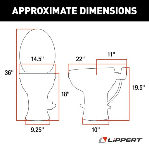 Lippert Flow Max RV Toilet with Elongated Ceramic Bowl, 18" Standard Profile, Full-Size Residential Seat, Easy-Close Lid, Efficient Flush - 2022113192 - Image 7