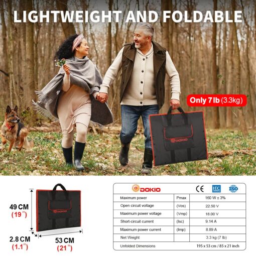 DOKIO 160W 18V Portable Solar Panel Kit (ONLY 9lb) Folding Solar Charger with 2 USB Outputs for 12v Batteries/Power Station AGM LiFePo4 RV Camping Trailer Car Marine…… - Image 6
