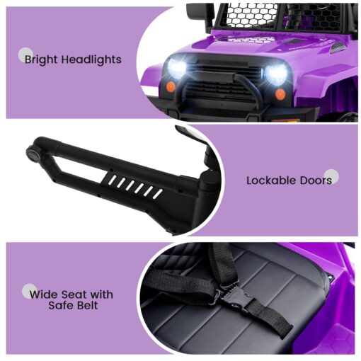 OLAKIDS Kids Ride On Truck, 12V Electric Vehicle Jeep Car with Remote Control, Toddlers Battery Powered Toy with 2 Speeds, Spring Suspension, Double Open Doors, LED Light, Music, TF, USB, Mp3 (Purple) - Image 5