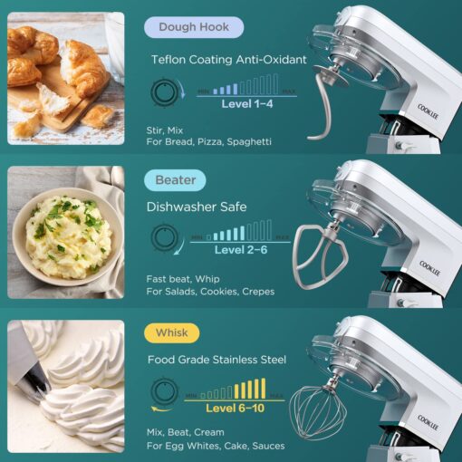 COOKLEE 6-IN-1 Stand Mixer, 8.5 Qt. Multifunctional Electric Kitchen Mixer with Beater, Whisk, Dough Hook, Meat Grinder and Other Accessories for Most Home Cooks, SM-1507BM, Silvery - Image 6