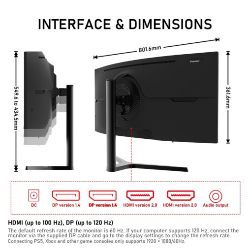 Gawfolk 34 Inch Ultrawide Curved 180Hz Gaming Computer Monitor 1000R PC screen 21:9 UWQHD (3440x1440) ,1ms,100%sRGB,Adaptive Sync,Display Port、HDMI,Liftable Stand,Wall Mount Compatible 75*75mm-Black - Image 4