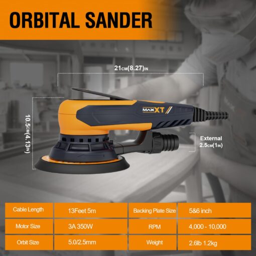 MAXXT Electric 5mm Random Orbital Sander, Palm Sander with Brushless Motor, 5&6Inch Sanding Pads, Central Vacuum, Sanders for Woodworking, Primary Wood and Panel Processing(Orange) - Image 3