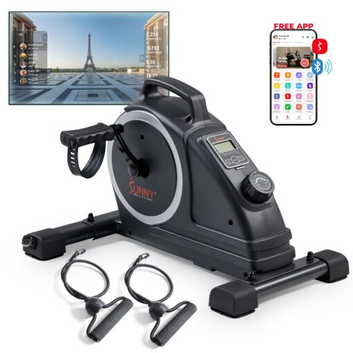 Sunny Health & Fitness Magnetic Compact Under-Desk Mini Exercise Bike, Indoor Full Body Cardio Training Machine w/Resistance Bands, Pedal Exerciser w/Free SunnyFit App Connectivity – SF-B020026SMART