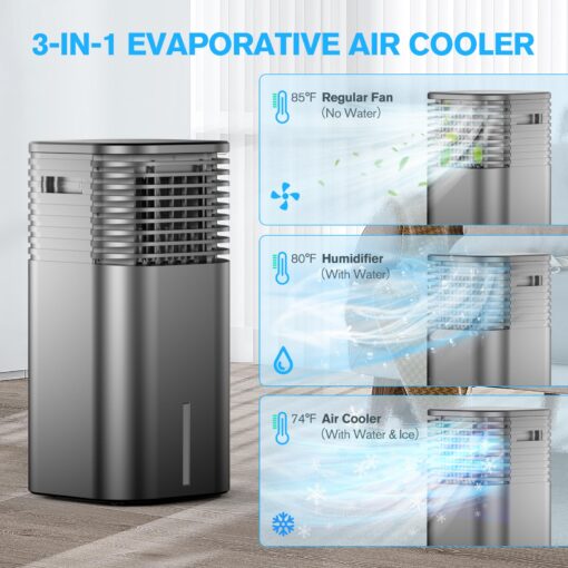 24" Windowless Portable Air Conditioner, 15H Timer & 120°Oscillation, 3-IN-1 Portable AC Unit with Remote, 2-Gal Tank, 3 Modes & 3 Speeds, Ultra-Quiet Ventless Swamp Cooler for Room Home Office, Black - Image 7