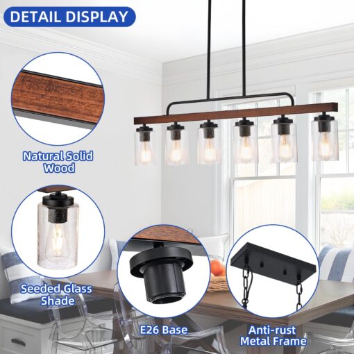 Farmhouse Chandelier 6-Light Dining Room Light Fixture Over Table Kitchen Island Lighting Rustic Chandeliers for Dining Light with Seeded Glass Shade Wood Pendant Lights Kitchen Island - Image 2