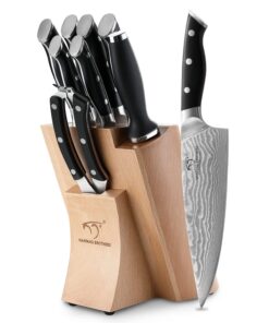 NANFANG BROTHERS Knife Sets, 9 Pieces Damascus Kitchen Knife Set with Block, ABS Ergonomic Handle for Chef Knife Set, Knife Sharpener and Kitchen Shears, Knife Block Set