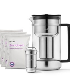 aarke Purifier Large - 1.66 L Glass Water Filter Pitcher Bundle, Refillable Stainless Steel Filter, BPA-Free, Includes (3-Pack) Refill Enriched Granules, Reduce Heavy Metals and Adds Minerals
