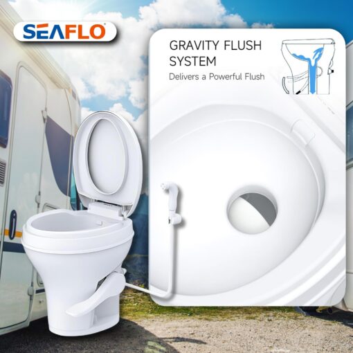 SEAFLO Residential Height Camper/RV Toilet with Sprayer Attachment, 18.5” Standard Height, Gravity Flush System, Foot Pedal Operation, Soft Close Seat, 4-Year Warranty (With Sprayer Attachment) - Image 4