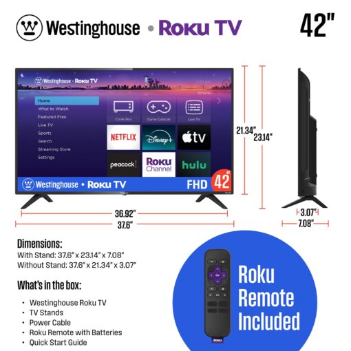 Westinghouse Roku TV - 42 Inch Smart Television, 1080P LED Full HD with Wi-Fi Connectivity and Mobile App, Flat Screen Compatible with Apple Home Kit, Alexa and Google Assistant - Image 5