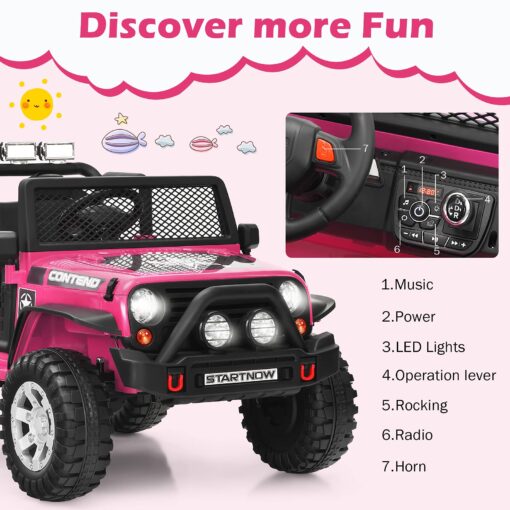 HONEY JOY 2 Seat Ride On Truck,12V Battery Powered Electric Cars for Kids, Spring Suspension, LED Lights, Remote Control, Horn, Music/ MP3, Toddler 4 Wheeler Ride On Toys Car for Girls(Pink) - Image 8