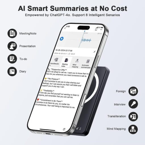 AI Voice Recorder, Digital Voice Recorder App Control, Transcribe & Summarize & Translation Empowered by ChatGPT, Wireless Charging, 107 Languages, 64GB Memory (White) - Image 7