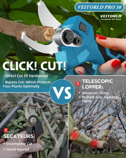 VEITORLD 2-IN-1 Cordless Electric Pole Pruning Shears, 15ft Reach, 1.2" Cutting Diameter, Battery Powered with 2x 2000mAh, Brushless Motor for Efficient Garden Tree Trimming, Branch Cutting（Blue） - Image 3