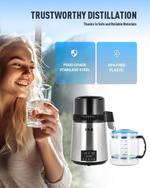 CO-Z 1.1 Gallon Water Distiller, 1750W Countertop Distilled Water Machine with Glass Container Dual Temperature Display Timer, 4L 304 Stainless Steel Distilled Water Maker for Home Office Travel More - Image 7