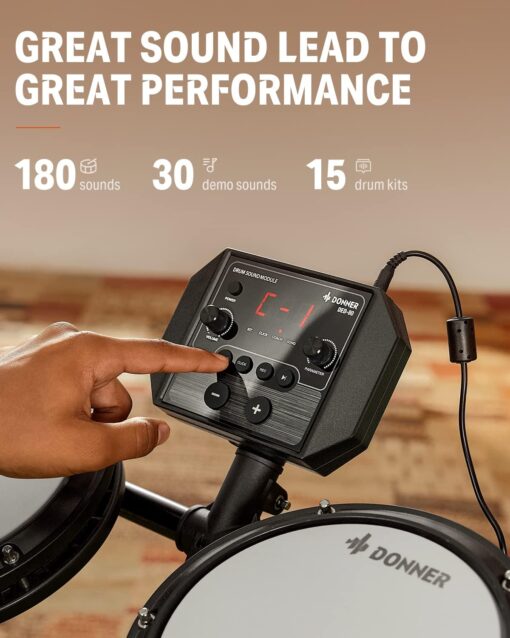 Donner DED-80 Electronic Drum Set with 4 Quiet Mesh Pads, 180+ Sounds, 2 Pedals, Throne, Headphones, Sticks, and Melodics Lessons - Image 4