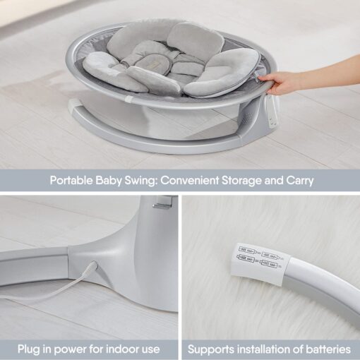 BabyBond Baby Swings for Infants, Bluetooth Infant Swing with 10 Preset Songs, 5 Point Harness Belt, 5 Speeds and Remote Control - Portable Baby Swing for Indoor and Outdoor, Aluminum - Image 3