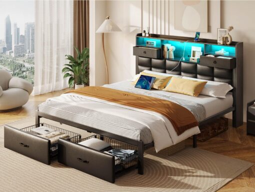 Rolanstar Bed Frame Full Size with Drawers and Charging Station, Upholstered Platform Bed with Storage Headboard and LED Light, Heavy Duty Metal Frame Support, No Box Spring Needed, Noise Free, Black - Image 2