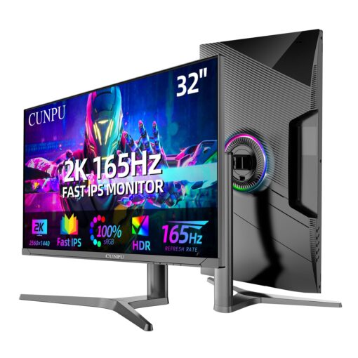 CUNPU 32 Inch Gaming Monitor QHD (2560 x 1440) 2K IPS Panel, 165Hz, 1ms GTG, sRGB 100%,Freesync, HDR10, VESA Mountable,Displayport, HDMI, Height/Tilt/Swivel/Pivot Adjustment, PC Monitor for Gamers
