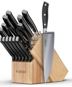Yatoshi 15 Piece Black Knife Block Set - Pro Kitchen Knife Set Ultra Sharp High Carbon Stainless Steel with Ergonomic Handle