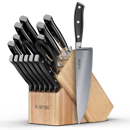 Yatoshi 15 Piece Black Knife Block Set - Pro Kitchen Knife Set Ultra Sharp High Carbon Stainless Steel with Ergonomic Handle