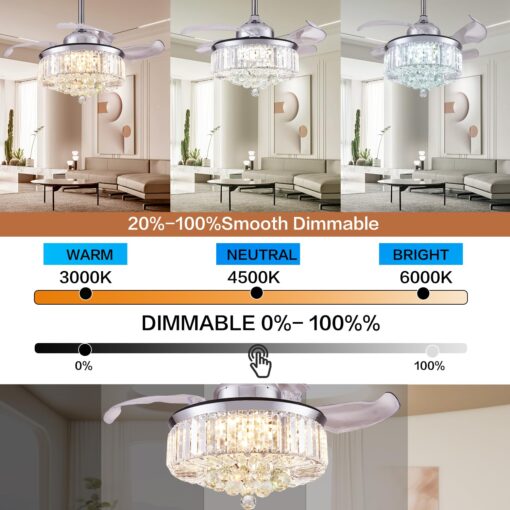 DuMaiWay 48" Alexa Ceiling Fan Smart Ceiling Fan with Light and Remote Fandelier WiFi Modern Crystal Chandelier Fan Retractable Dimmable for Bedroom Living Room - Image 4