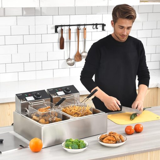 Electric Deep Fryer 17.2L/18.2QT Stainless Steel Dual Tank Commercial Fryer with Basket, 3400W 110V Countertop Deep Fryer for Home Kitchen and Restaurant Use with Oil Thermometer & Temperature Control - Image 7