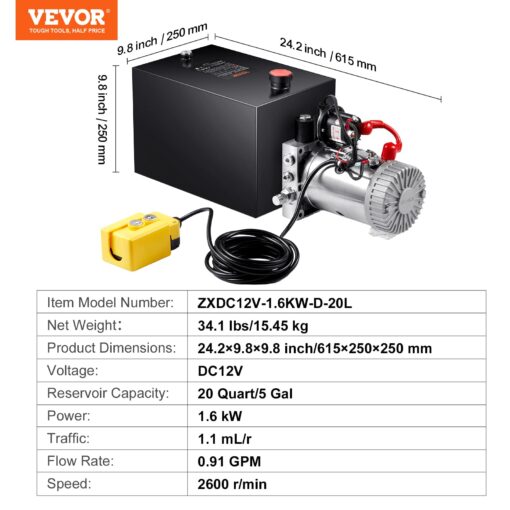 VEVOR DC 12 V Hydraulic Pump, Capacity Approx. 19 L Hydraulic Control Unit with Single Action, Oil Flow Approx. 3.44 L/min Maximum Pressure of 22 MPa, Pump for Hoist Car Truck Garage Trailer - Image 4