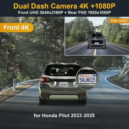 Fitcamx Front 2160P+Rear 1080P Dash Cam Adapts for Honda Pilot 2023-2025 EX-L Touring Elite Sport Trailsport LX Black Edition, OEM Style, Dual Loop Recording, WiFi & APP, G-Sensor, Easy to Set, 128GB - Image 6
