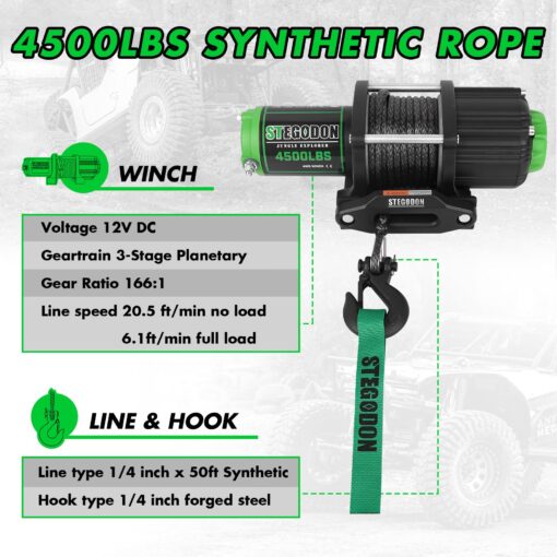 STEGODON Winch 4500 lb Winch ATV/UTV Winch 12V Waterproof Electric Winch Synthetic Rope Winch for ATV UTV Towing Trailer Winches with Wireless Remote,Wired Handle and Winch Mounting Plate - Image 4