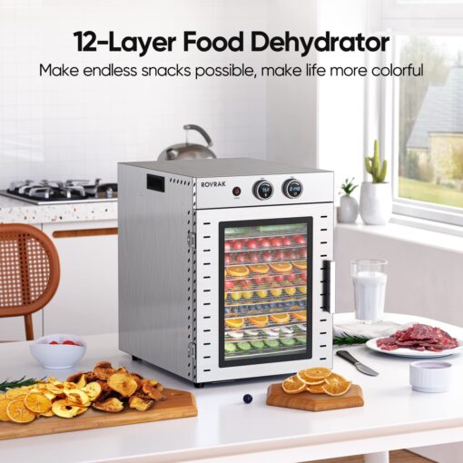 ROVRAk Food Dehydrator for Jerky, Fruit, Meat, Herbs, 12-Tray Stainless Steel Dehydrator Machine, Adjustable Timer, Temperature Control, Overheat Protection (67 Recipes) - Image 2