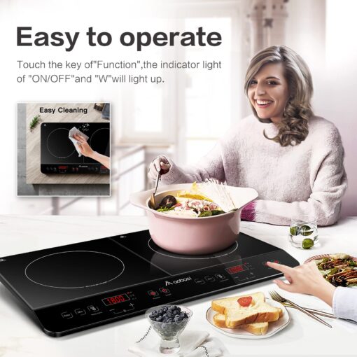 Aobosi Double Induction Cooktop Burner with 240 Mins Timer, 1800w 2 Induction Burner with 10 Temperature 9 Power Settings, Portable Dual Induction Cooker Cooktop with Touch Sensor Control & Child Safety Lock - Image 4