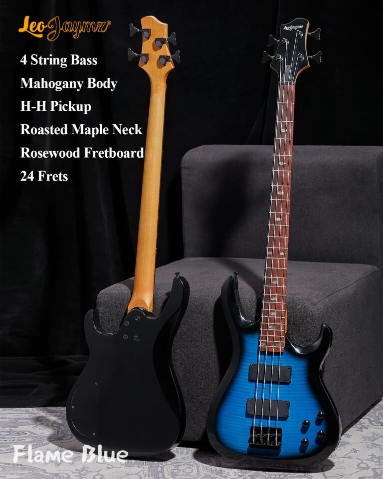 Leo Jaymz CB-400 4 String 34" Scale Electric Bass Guitar, 24 Frets, Mahogany Body, Rosewood Fingerboard with Abalone Inlays, Roasted Maple Neck, H-H Pickups, Glossy Body Finish (CB Flame Blue) - Image 6