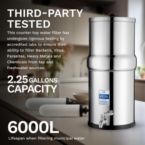 Survivor Filter Ultra Gravity Water Filter System - Stainless Steel Countertop Gravity Fed Water Filter with Stand, 2.25 Gallon, for Home and Outdoors - Removes Bacteria, Viruses, and Parasites - Image 4
