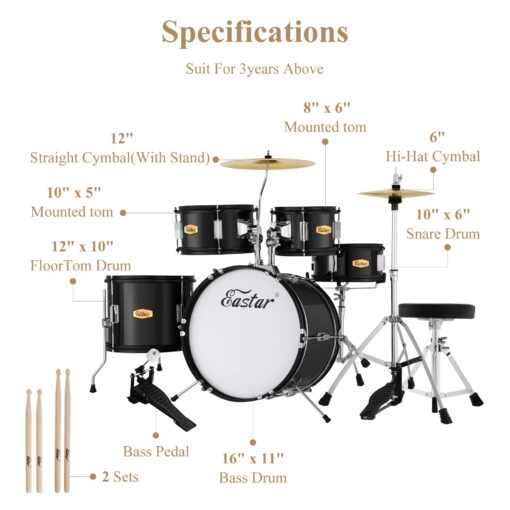 Drum Set Eastar 16 inch 5-Piece, Junior Drum Kit for Beginners Kids Teenagers with Adjustable Throne and Cymbal, Pedal & Drumsticks, Metallic Black (EDS-350BK) - Image 3