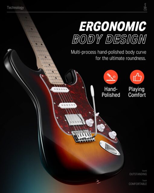 Donner Electric Guitar, DST-152S 39" Electric Guitar Kit HSS Pickup Coil Split, Guitar Starter Pack for Adult Beginners with Amp, Bag, Accessories, Sunburst - Image 6