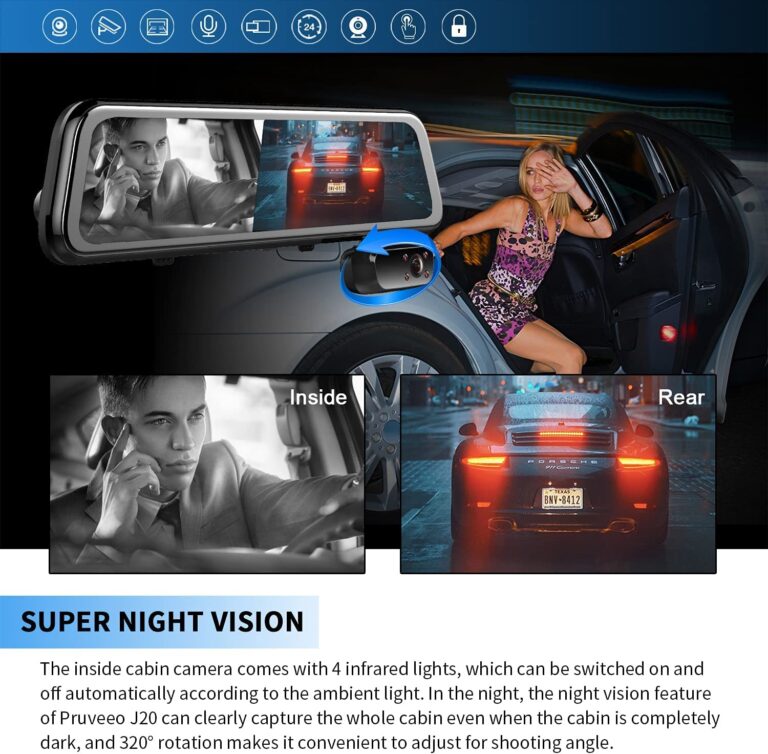 PRUVEEO 2K Mirror Dash Cam 3 Channel,Rear View Mirror Camera,Dash cam Front and Rear Inside,12'' Full Touch Screen, IR Night Vision,GPS,Parking Assistance,Free 64GB Card - Image 6