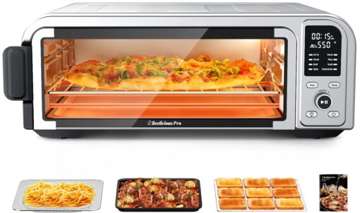 Beelicous Pro 19QT Digital 8-in-1 Air Fryer Toaster Oven, 550°F Flavor-Lock Tech, Flip Up & Away Capability, 40+ Recipes, Airfryer Countertop Oven Combo, 4 Accessories, Fit 13" Pizza, Stainless Steel