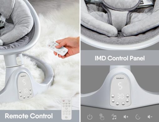 BabyBond Baby Swings for Infants, Bluetooth Infant Swing with 10 Preset Songs, 5 Point Harness Belt, 5 Speeds and Remote Control - Portable Baby Swing for Indoor and Outdoor, Aluminum - Image 5